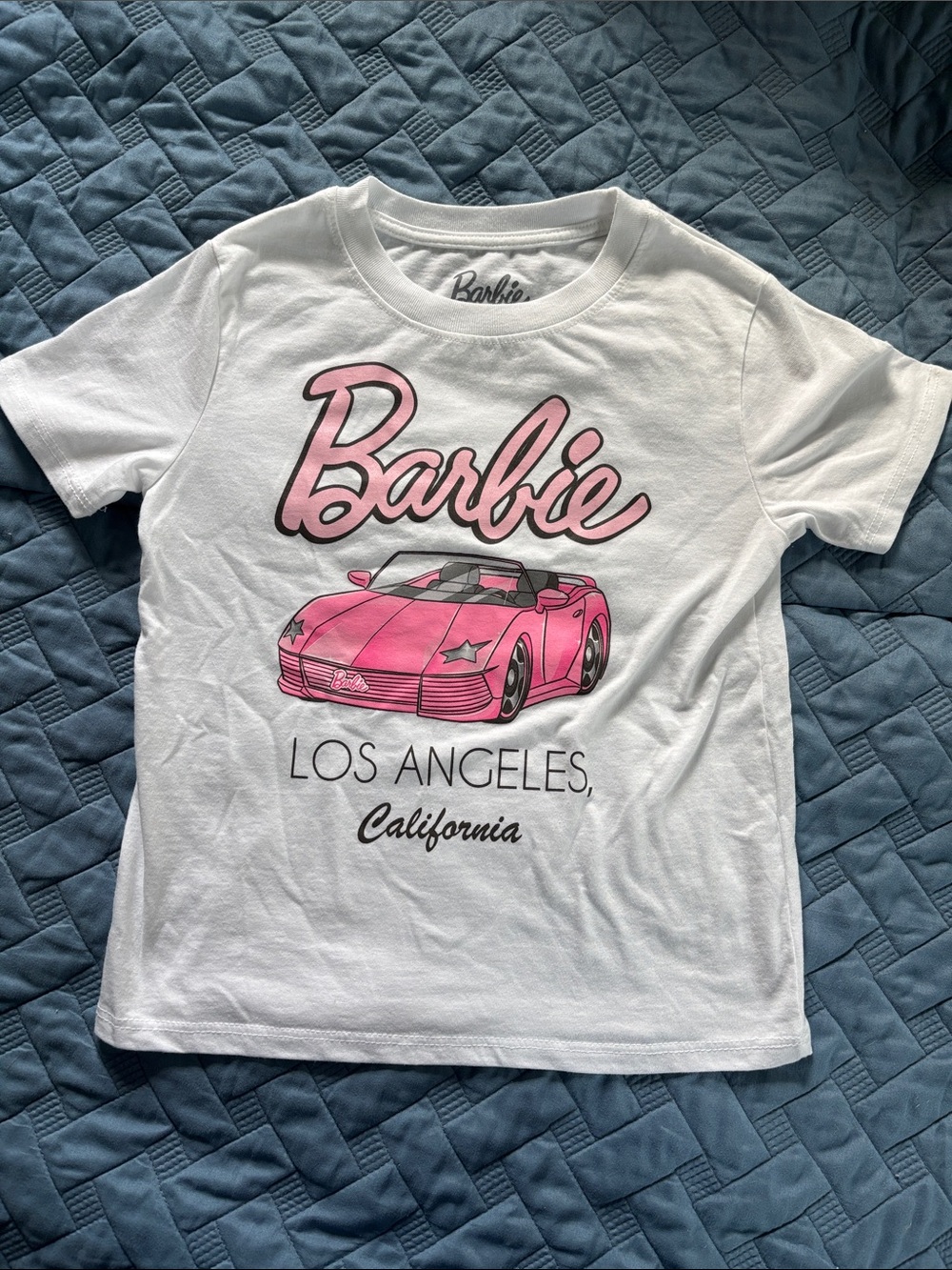Barbie White Tee with Pink Convertible Graphic and Los Angeles Script